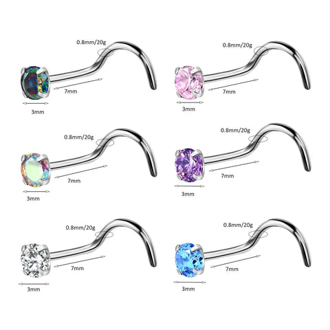 G23 Nano Pure Titanium Nose Studs Pack of 6 Has 18G and 20G Screw Back Press Fit Closure Ideal for Sensitive Skin With Hypoallergenic Build and Nickel Free showcasing six designs with sparkling cubic zirconia ends.