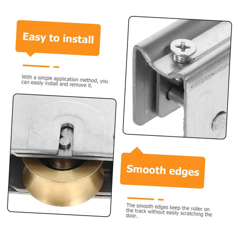 Rock Solid Heavy Duty Double Wheel Sliding Door Pulley Two Pack Stainless Steel Roller Kit showing smooth copper bearing and track.