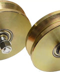 Heavy Duty 6 Inch V Groove Wheels With Double Bearing For Vinyl Aluminum Sliding Gate 6000 Lb Roller gold finished angle view of two rollers.