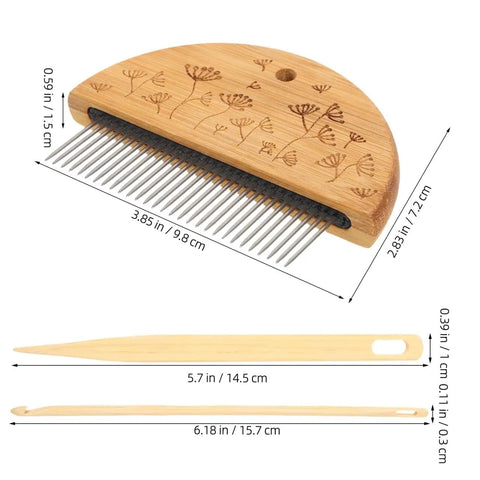 Weaving Comb Set for Newbies Three Piece Wood Knitting Loom Tool Kit With Large Eye Needle and Crochet Hook, dimensions visible