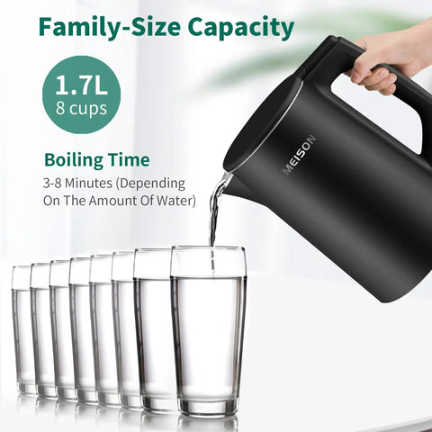 1.7 Liter Electric Kettle With Double Wall Stainless Steel Interior, Fast 1200W Boil, Auto Shut Off, pouring into glasses