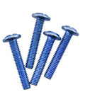 Close-up of four blue metal mounting screws for Leather Handle 2 Pack Brown Drawer Pulls With Strap Handles. Essential hardware.