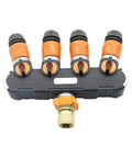 Four Way Garden Hose Splitter Valve Kit For Easy No Fuss Irrigation Setup, 16Mm Hose Fittings, Durable Orange Tap Adapter, All In One Four Way Water Connector For Lawn, Plants, And Landscaping close-up with four orange shutoff valves