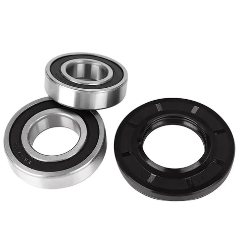 Drop In The Heavy Duty Replacement Washer Bearing Kit For Samsung Front Load Machines Dc6200156a 6601002632 showing two metal bearings and one black gasket.