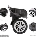Silent And Smooth Rolling Luggage Wheel Replacement Kit Featuring Rock Solid Steel Axles With Super Flexible 360 Degree Swiveling Casters For Travel Gear Sets close-up of black PVC caster with metal axle and silver wheel design.