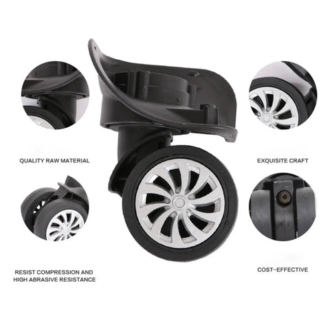 Silent And Smooth Rolling Luggage Wheel Replacement Kit Featuring Rock Solid Steel Axles With Super Flexible 360 Degree Swiveling Casters For Travel Gear Sets close-up of black PVC caster with metal axle and silver wheel design.