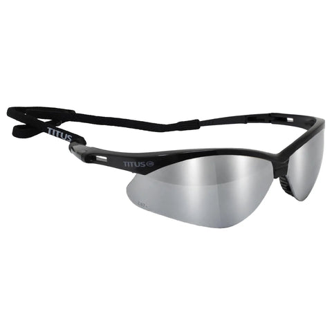 Top Shelf Mirror Shooting Safety Glasses Featuring Ansi Z87 Impact Rating And Uv400 Sun Guard Lenses Built Tough for range use, black with strap.