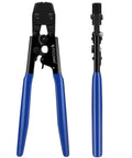 Pex Clinch Clamps Crimping Tool for 304 Stainless Steel Rings, blue handles, front and side view for Pex pipe connection.
