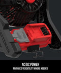 20V Max Cordless Fan Tool Only Red With 3 Speed Settings 240 Degree Pivot Head showing AC/DC power port detail