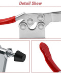 20 Pieces Horizontal Toggle Clamp Set With Quick Release For One Hand Operation Up To 27 Kg Perfect For Workbench Jigs And Repetitive Clamping Jobs Grab And Go Grips And Durable Performance On Any Project. close-up of steel clamp with red handle and adjustment knob