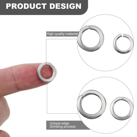 Stainless Steel Locking Spring Washers Kit For Bolts 600 Pcs Premium Pro Grade Heavy Duty Assortment To Prevent Loosening And Vibration In Industrial And Automotive Use, stainless washer close-up