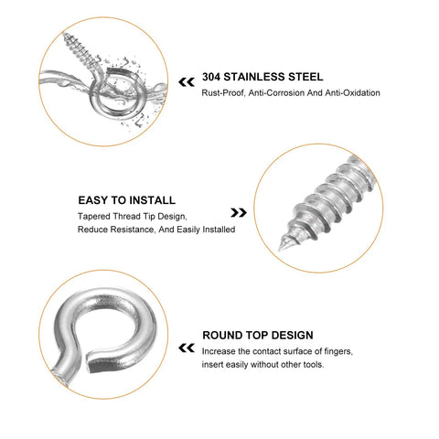Heavy Duty 304 Stainless Steel Self Tapping Eye Screws details showing rust-proof material, tapered threads, and round top design.