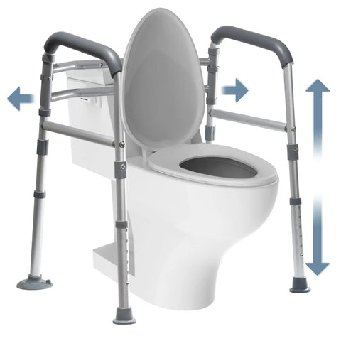 Heavy Duty Toilet Safety Rails Height Adjustable Foldable Frame Zero Hassle Setup For Seniors Handicap And Elderly Users Rigged Tough Holds Up To 350 Lbs with adjustable height and foam handles.