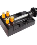 Hella Precise Mini Benchtop Drill With Stepless DC Motor For Quick Diy Fixes And Compact Shop Tasks Featuring Rock Solid Stability And Slick Speed Adjustments, black drill clamp with screws.