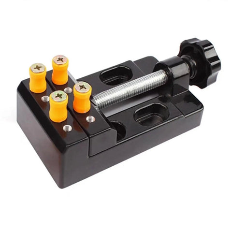 Hella Precise Mini Benchtop Drill With Stepless DC Motor For Quick Diy Fixes And Compact Shop Tasks Featuring Rock Solid Stability And Slick Speed Adjustments, black drill clamp with screws.