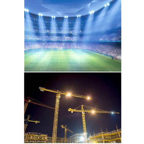 Tough As Nails Outdoor LED Floodlight Heavy Duty Rechargeable Work Lamp illuminating a construction site at night with cranes.