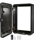 Heavy Duty Rugged As Nails Outdoor EV Charger Enclosure For Wall Mounted Stations Made From Cold Rolled Steel with open door and keys.