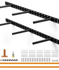Heavy Duty Floating Shelf Brackets Set Features Hella Strong Hidden Wall Mount Hardware with black metal mounts and installation tools.