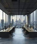 Modern office space featuring black nylon swivel twin wheel stem casters, with a city skyline view and ergonomic chairs.