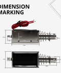 Heavy Duty DC12V Push Pull Solenoid Actuator With 20mm Stroke Length dimensions marked on a silver body with wires.