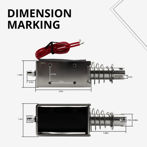 Heavy Duty DC12V Push Pull Solenoid Actuator With 20mm Stroke Length dimensions marked on a silver body with wires.