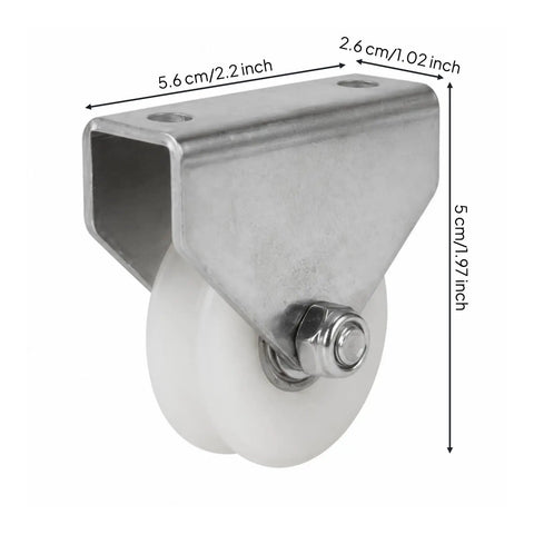 Built Tough Double Hole Mount Bracket Pulley With Durable Nylon Wheel And Low Friction Bearing Axle For Slick U Slot Track Rolling Heavy Duty Industrial Sliding Hardware Kit, side view with dimensions
