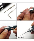 Top Shelf Tungsten Steel Scriber Blades In Five Precision Sizes With Secure Rubber Guard Plus Durable Carving Masking Tape Roll For Smooth Panel Line Drafting And Crisp Engraving Work assembly steps showing blade installation and secure grip.