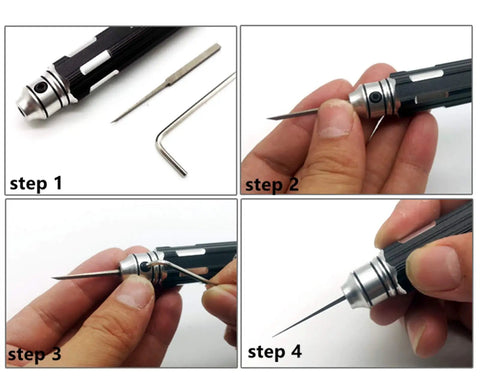 Top Shelf Tungsten Steel Scriber Blades In Five Precision Sizes With Secure Rubber Guard Plus Durable Carving Masking Tape Roll For Smooth Panel Line Drafting And Crisp Engraving Work assembly steps showing blade installation and secure grip.