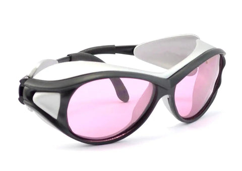 Rock Solid 808nm Infrared Laser Safety Glasses With Tough As Nails Protective Eyewear For Diode Lasers shown at angle with pink lenses