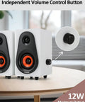 White USB Powered Computer Speakers With Built In Audio Output For Crisp Digital Sound showing volume control button