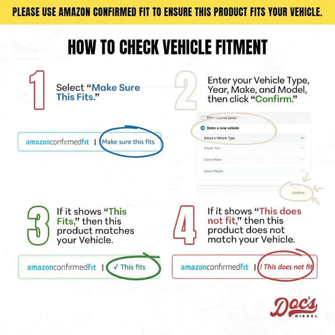 How to check vehicle fitment steps using Amazon Confirmed Fit, showing options and confirmations for vehicle compatibility.