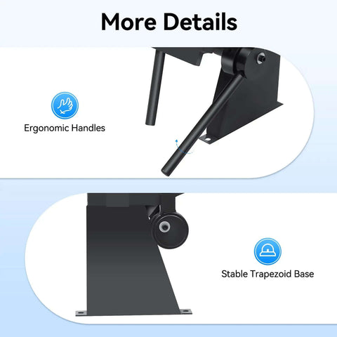Close-up of ergonomic handles and stable trapezoid base of 24 Inch Box And Pan Brake For Sheet Metal, 0-135 Degree Bending, Heavy Duty Industrial Hand Brake