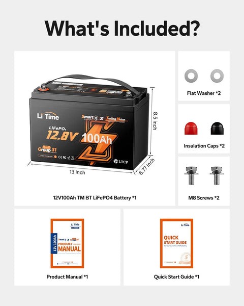 Deck Ready 12V 100Ah LiFePO4 Lithium Battery For Marine Trolling Motors With Smart Bluetooth Monitoring And No Hassle Cold Weather Guard For Extra Long Range 2 Pack with included accessories.