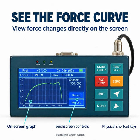 Hella Accurate Digital Dynamometer Force Gauge remote S beam load cell with touchscreen display showing force curve graph.