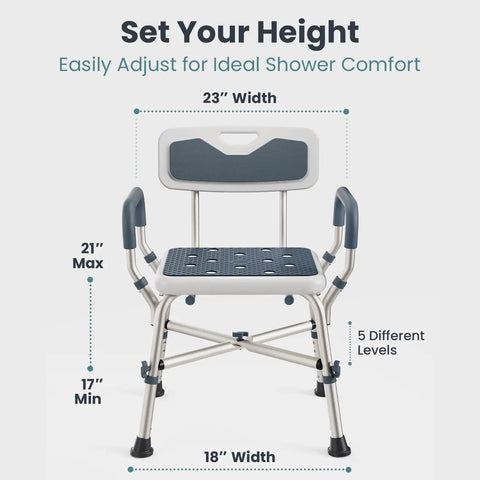 Heavy Duty Shower Chair For Elderly And Disabled With Padded Armrests And Back Adjustable Height Bath Seat Built Tough Non Skid Base Solid Grip Zero Worries Everyday Bathroom Safety Blue showing dimensions and height settings.
