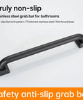 Rock Solid Stainless Steel Grab Bar Bearing Five Hundred Pounds To Keep You Stable Inside The Bath Non Slip Safety Handle Matte Black Twelve Inch Model side view showing grip and mounting base.