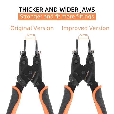 GIANNEER Push Fittings Removal Tool Three Size Disconnect Tongs shown in original and improved versions with thicker jaws.
