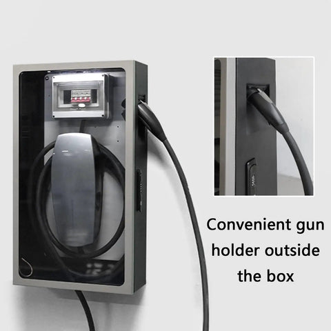 Beefed Up Locking EV Charger Weatherproof Enclosure Heavy Gauge Steel Floor Mount with clear door and EV cable holder.