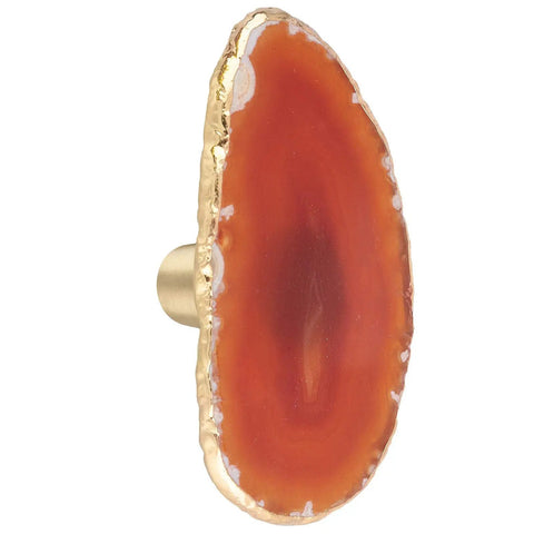 Smooth Agate Slice Drawer Knobs With Sleek Brass Handles And Glossy Gold Plated Edges Dope Geode Cabinet Pulls. Red agate knob with brass mount.