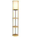 62.5 Inch Round Modern Shelf Etagere Floor Lamp With USB Ports And Outlet Linen Shade In Soft Light Pink Finish Tall Storage Organizer For Living Room Bedroom Office