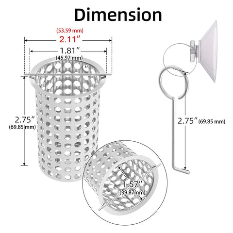 Dimensions of Ridiculously Fast Shower Drain Strainer With Pop Up Hair Catcher Basket 2.11" diameter and lifting hook.