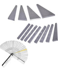 Front view of a 12-piece metal angle gauge block set with triangular and rectangular blocks plus folding feeler gauge.