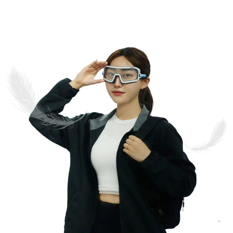 Woman wearing Ultra Lightweight Disposable Safety Glasses Pack Of 12 Featherlight Protective Eyewear With Antifog Lens.