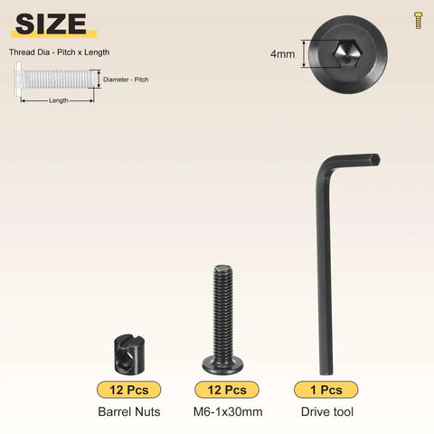 Top Shelf Furniture Repair Hardware Kit With Wrench M6 Barrel Nuts Flat Head Screws For Crib Fixes Or Home Diy Projects 24 Piece Set. Includes 12 barrel nuts, bolts, and drive tool.