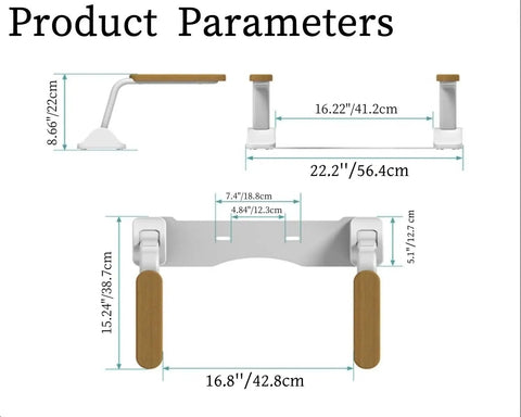 Heavy Duty Toilet Safety Rail For Seniors Featuring Slick Flip Up Wooden Armrest With Non Slip Grip and Rust Resistant Finish dimensions diagram.