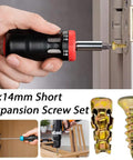 Close-up of hand using a screwdriver with 6x14mm Short Expansion Screws for cabinet hinge repair in wood panel.