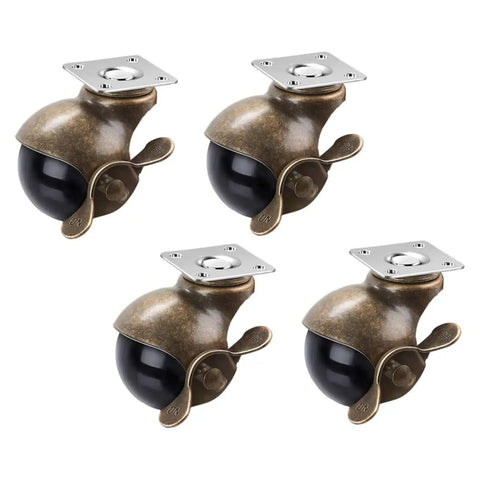 Built Different Vintage Brass Plate Casters For Furniture With Locking Brakes Swivel Rollers Four Pack viewed from the front, featuring black wheels.