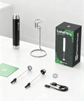 LunaFro Art Rechargeable Handheld Milk Frother With No Steam Wand Stepless Speed Control Silicone Dot Pad IPX6 Waterproof Barista Grade Microfoam For Latte Art At Home Quick Foam For Lattes And Flat Whites, shown with accessories and packaging.