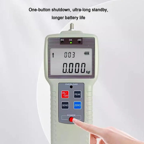 Top Shelf Digital Force Gauge 1000N Push Pull Meter With LCD Screen showing power button and display for tension compression testing.