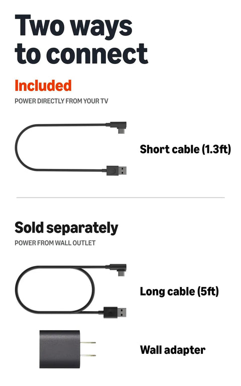 Two power connection options for 4K Streaming Stick: short 1.3ft cable or 5ft cable with wall adapter for flexibility.
